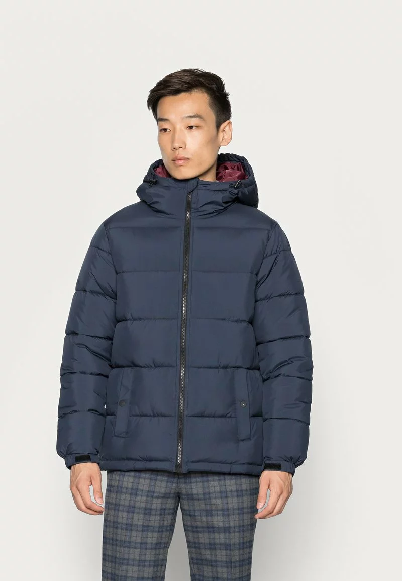 Pier One Uomo BASIC PUFFER JACKET WITH CONTRAST HOOD - Giacca Invernale - Dark Blue/bordeaux
