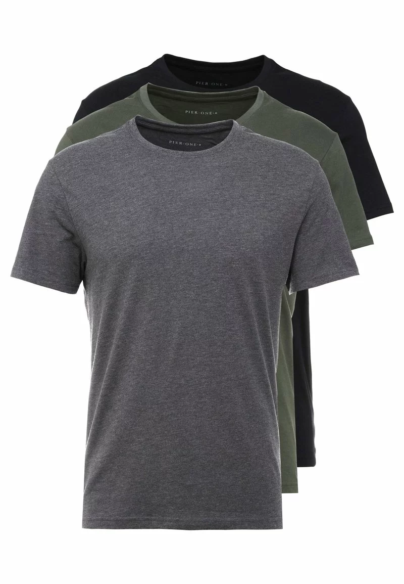 Pier One Uomo 3 PACK - T-shirt Basic - Black/grey/green - immagine 6